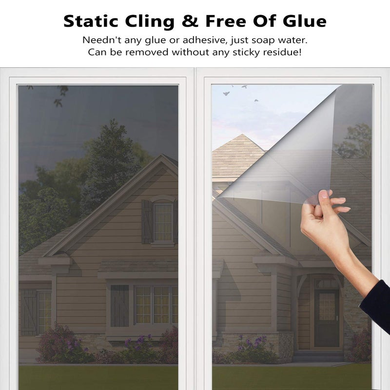 HooTown Window Tint for One Way Daytime Privacy Window Film Heat Control Sun Blocking Anti UV Non-Adhesive Static Cling Reflective Mirror Glass Film for Home Office, Black Silver, 35.4 in x 13.1 ft - Image 5
